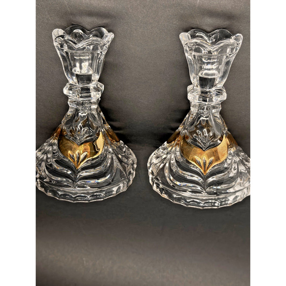 Vintage Set Lead Crystal CANDLE HOLDERS Gold Wing Design Anna Hutte Bleikristall - Picture 13 of 16